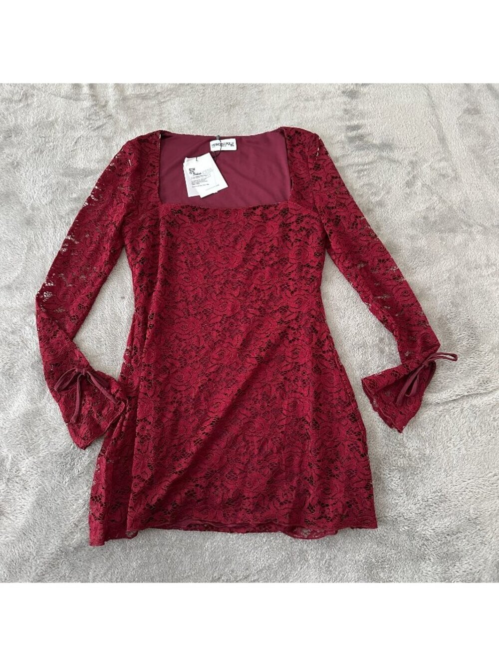 NWT Princess Polly Lucianna Long Sleeve Lace Mini Dress Burgundy 6 Square Neck